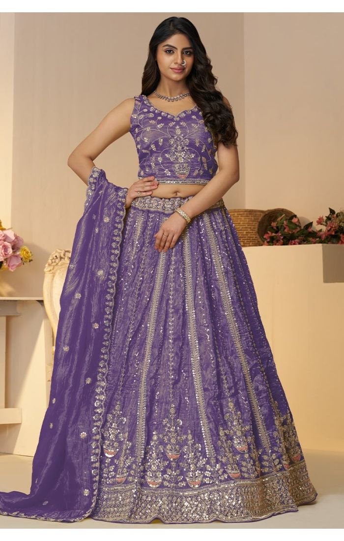 Full view of bridal lehenga laid out with floral zari motifs – Appelle Fashion