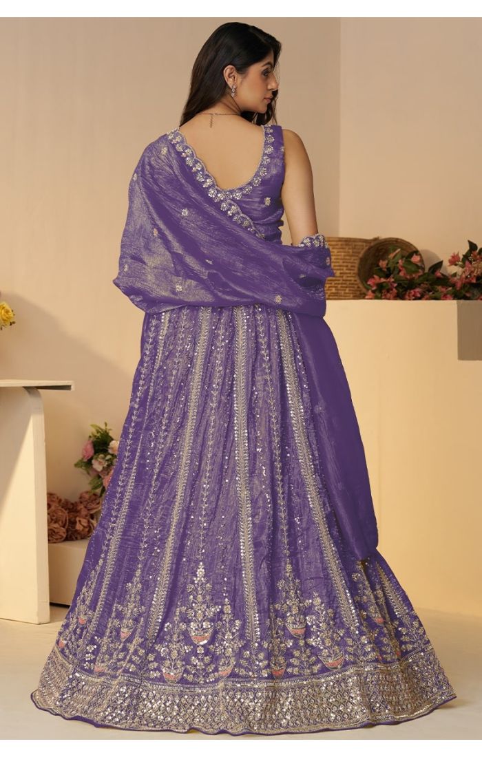 Back view of dark purple bridal lehenga with zari and sequin work – Appelle Fashion