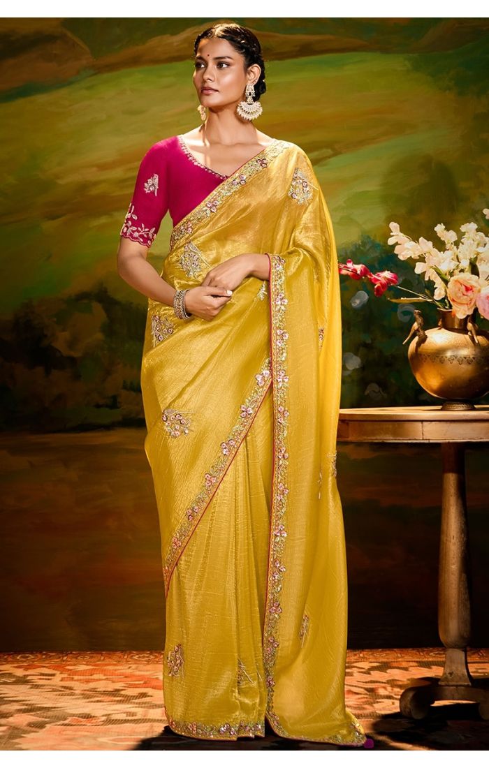  Sunlit Mustard organza saree with rama green raw silk blouse front view – Appelle Fashion