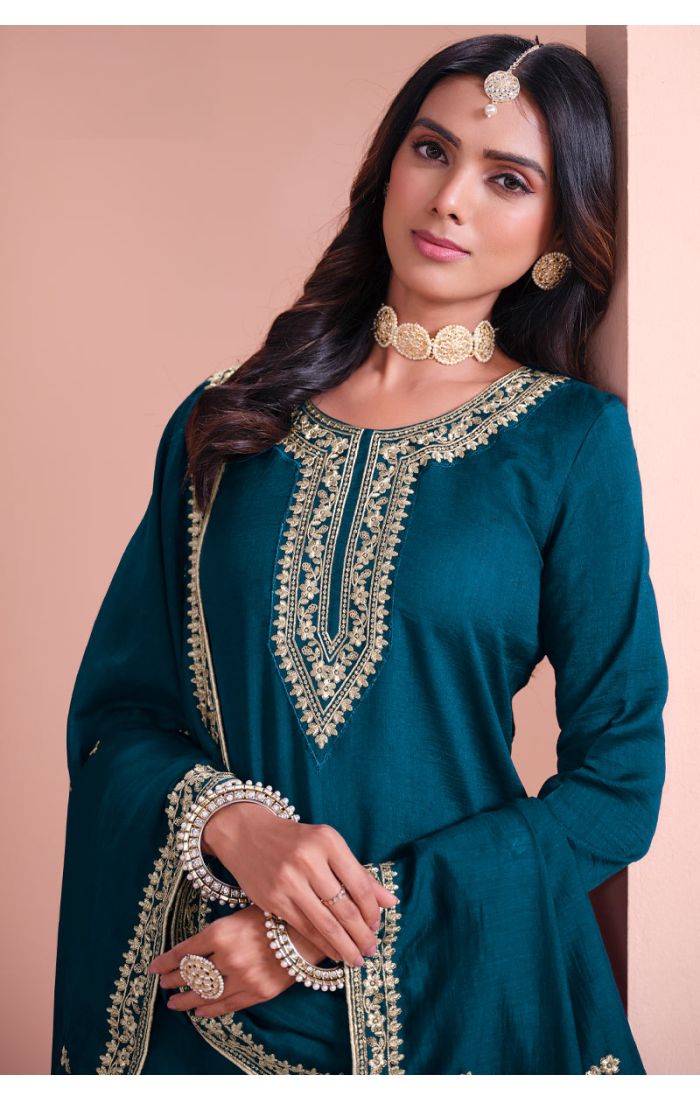 Buy Teal Blue Cotton Silk Embroidered Sharara Suit for EID Online - SALV5661 | Appelle Fashion