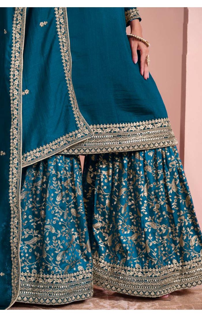 Buy Teal Blue Cotton Silk Embroidered Sharara Suit for EID Online - SALV5661 | Appelle Fashion