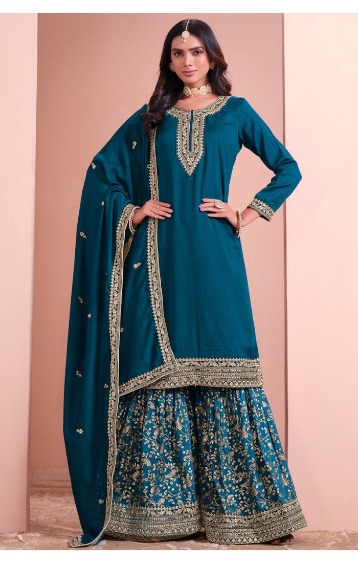 Buy Teal Blue Cotton Silk Embroidered Sharara Suit for EID Online - SALV5661 | Appelle Fashion
