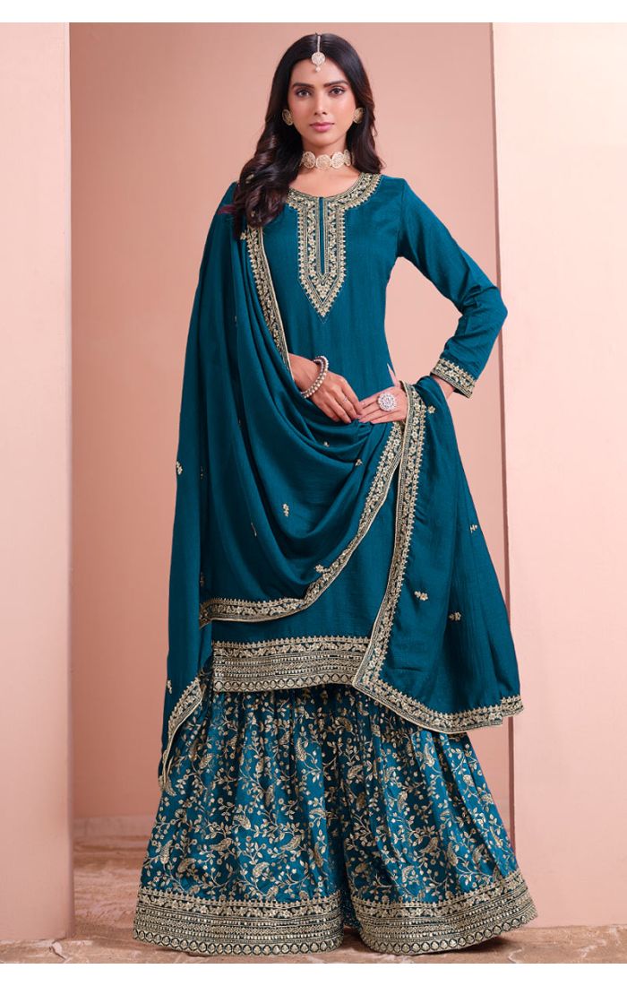 Buy Teal Blue Cotton Silk Embroidered Sharara Suit for EID Online - SALV5661 | Appelle Fashion