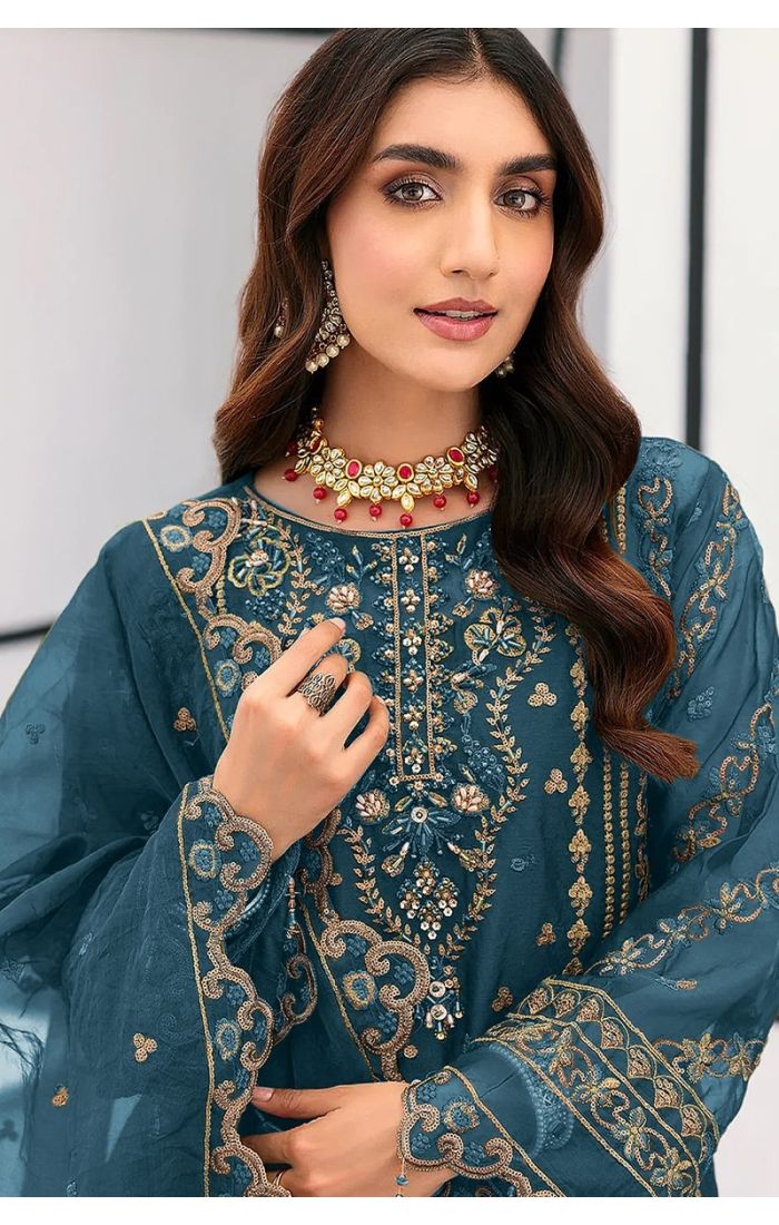 Teal Blue Organza Salwar Suit with Gold Embroidery and Organza Dupatta – Festive Wear