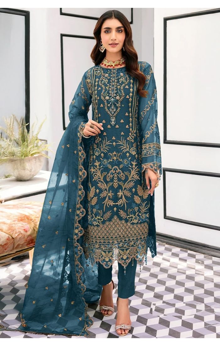 Teal Blue Organza Salwar Suit with Gold Embroidery and Organza Dupatta – Festive Wear