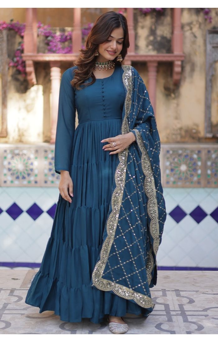 Teal Blue Star Georgette Festive Long Gown with Sequins Work Dupatta