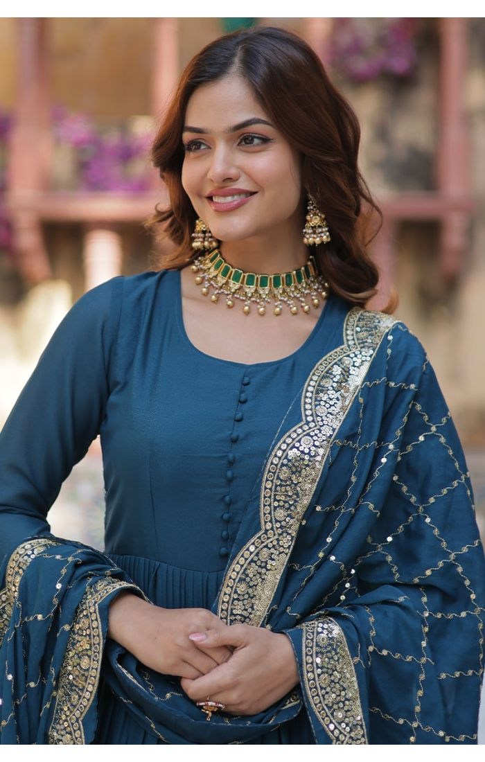 Teal Blue Star Georgette Festive Long Gown with Sequins Work Dupatta