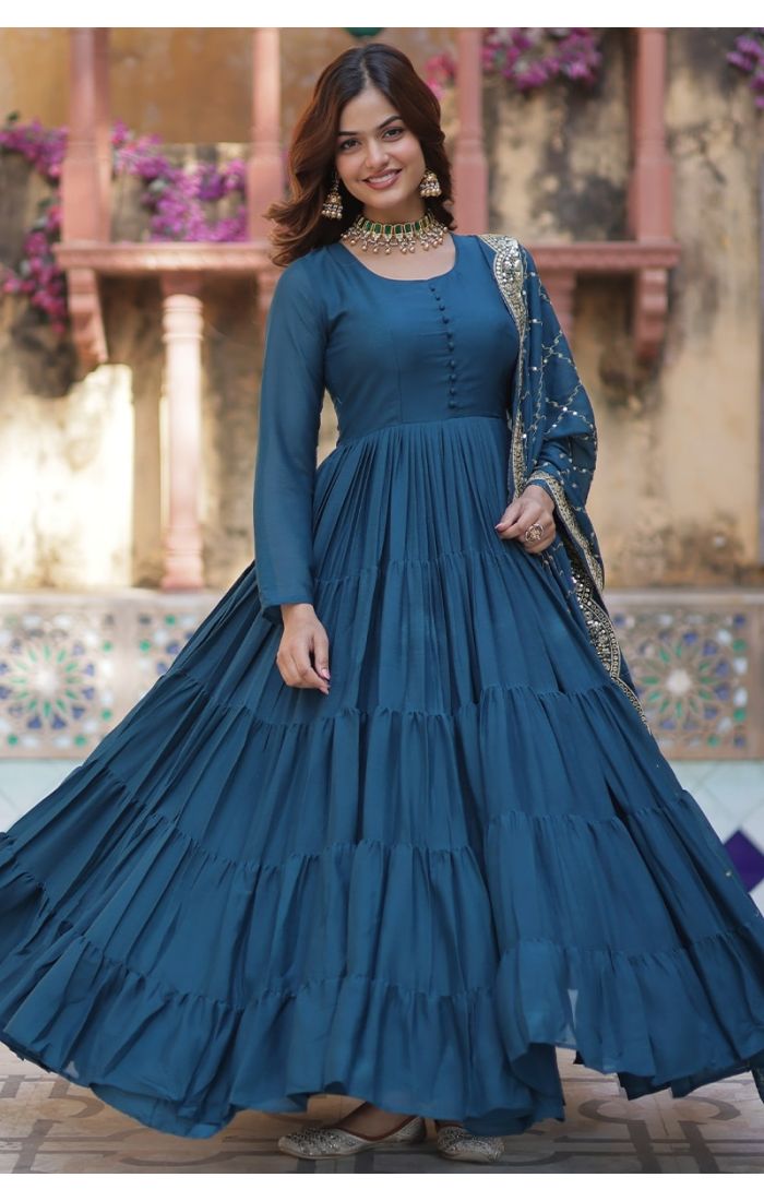 Teal Blue Star Georgette Festive Long Gown with Sequins Work Dupatta