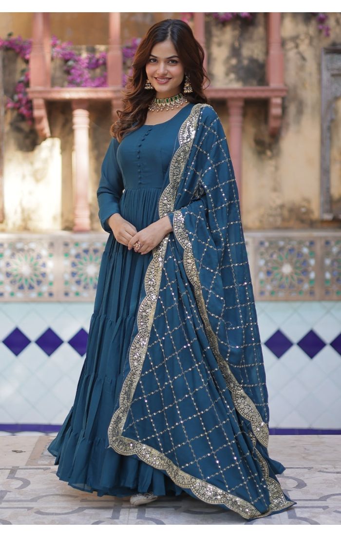 Teal Blue Star Georgette Festive Long Gown with Sequins Work Dupatta