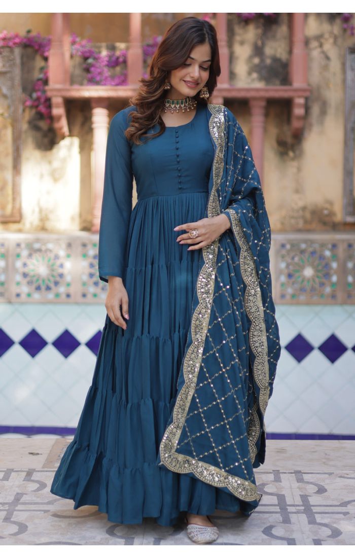 Buy Teal Blue Star Georgette Long Gown with Dupatta – Festive Ethnic Dress USA, Canada, UK, Europe online - SALV5696 | Appelle Fashion 