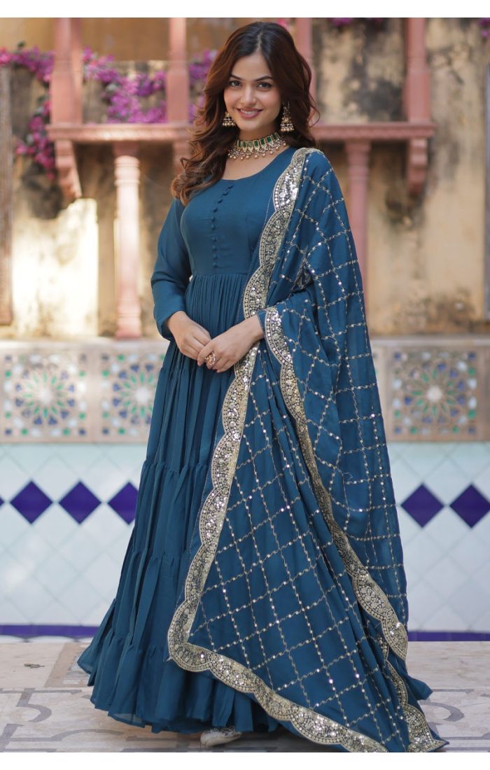 Buy Teal Blue Star Georgette Long Gown with Dupatta – Festive Ethnic Dress USA, Canada, UK, Europe online - SALV5696 | Appelle Fashion 