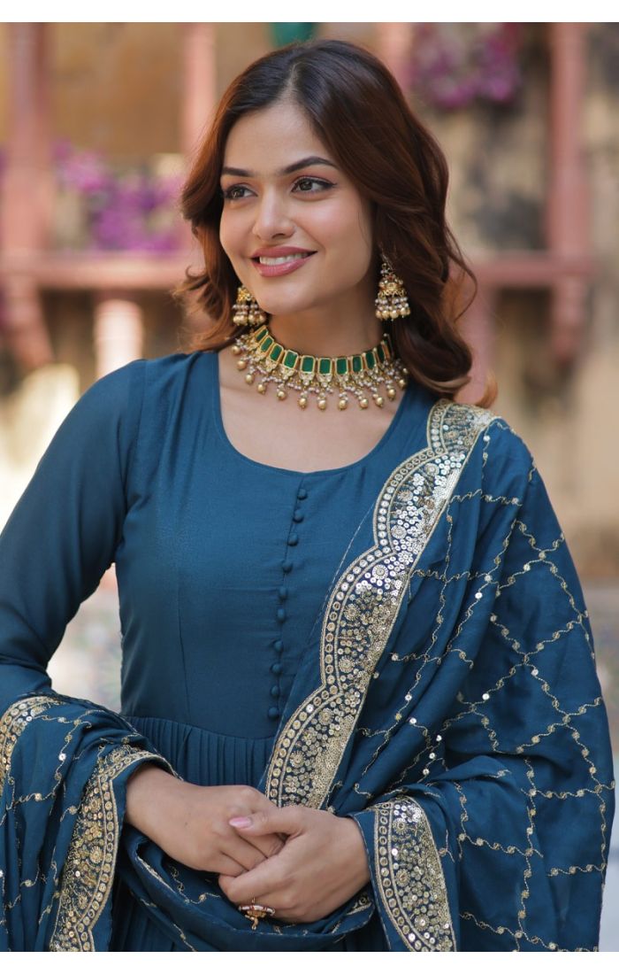 Buy Teal Blue Star Georgette Long Gown with Dupatta – Festive Ethnic Dress USA, Canada, UK, Europe online - SALV5696 | Appelle Fashion 