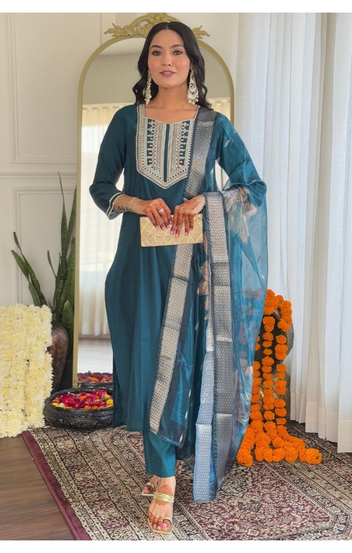 Teal Blue Viscose Embroidered Salwar Suit with Tabby Silk Dupatta – Wedding & Festive Ethnic Wear