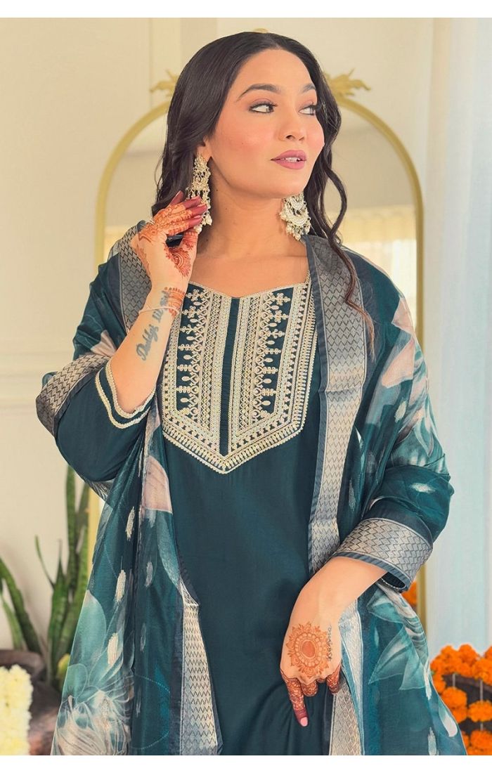 Teal Blue Viscose Embroidered Salwar Suit with Tabby Silk Dupatta – Wedding & Festive Ethnic Wear