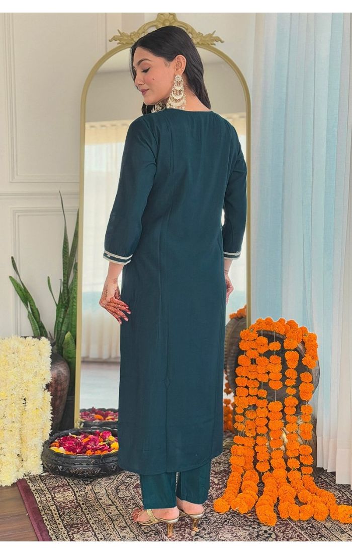 Teal Blue Viscose Embroidered Salwar Suit with Tabby Silk Dupatta – Wedding & Festive Ethnic Wear