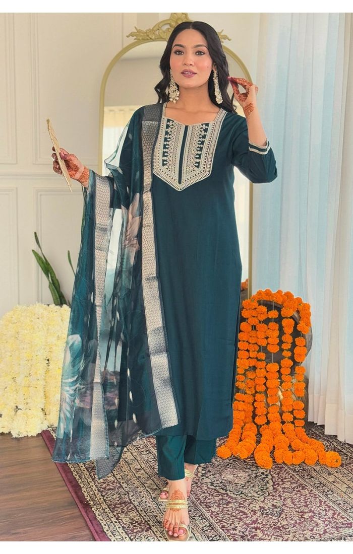 Teal Blue Viscose Embroidered Salwar Suit with Tabby Silk Dupatta – Wedding & Festive Ethnic Wear