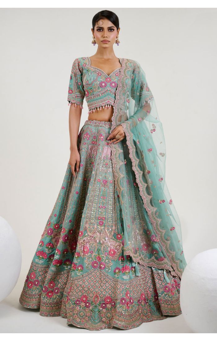 Teal Green Embroidered Bridal Lehenga with Floral Zari Work in UK - LEHV3881