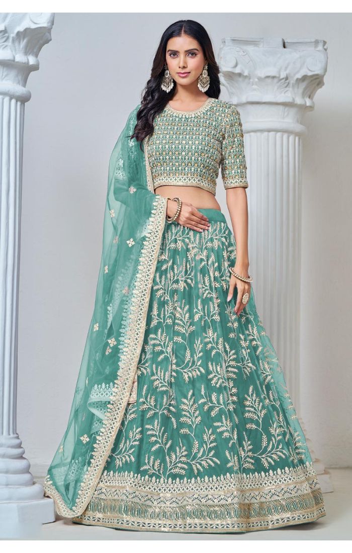 Buy Teal Green Embroidered Net Lehenga Set with Lace Dupatta online in UK and USA - LEHV3897