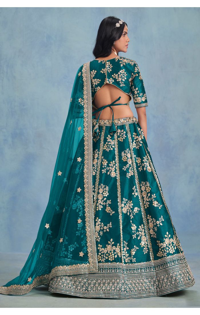 Back view of teal green embroidered lehenga with dupatta – LEHV4096