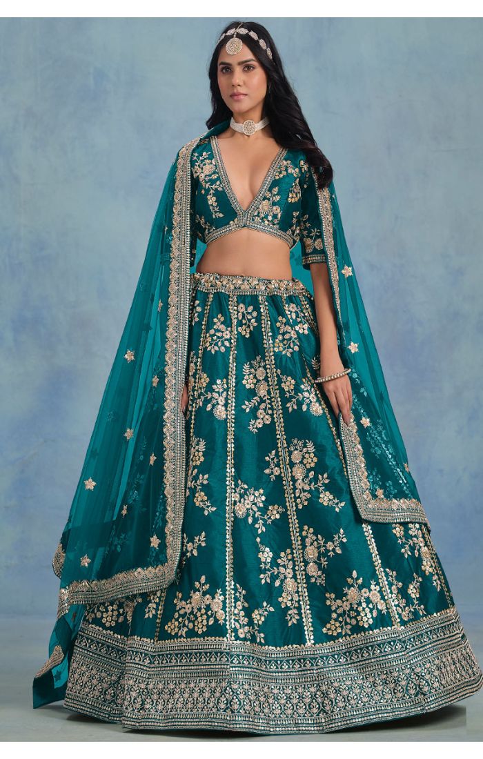 Full-length view of teal green art silk lehenga with floral zari embroidery – LEHV4096