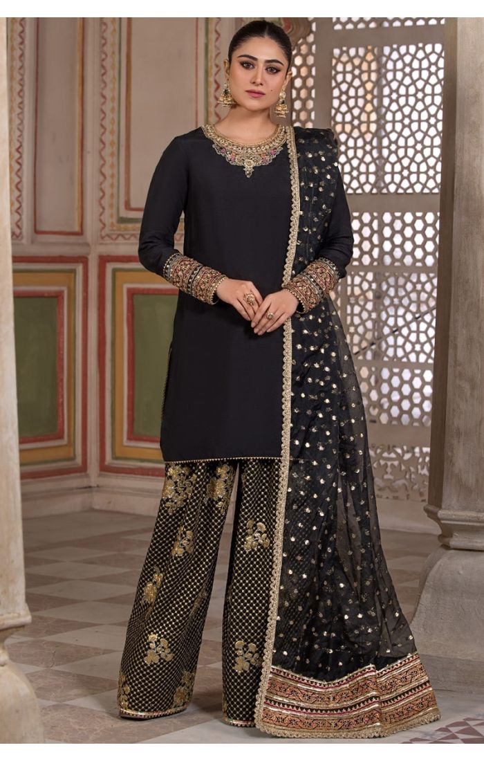 Front pose showcasing full Black Embroidered Salwar Suit with detailed neckline and dupatta, paired with palazzo pants.
