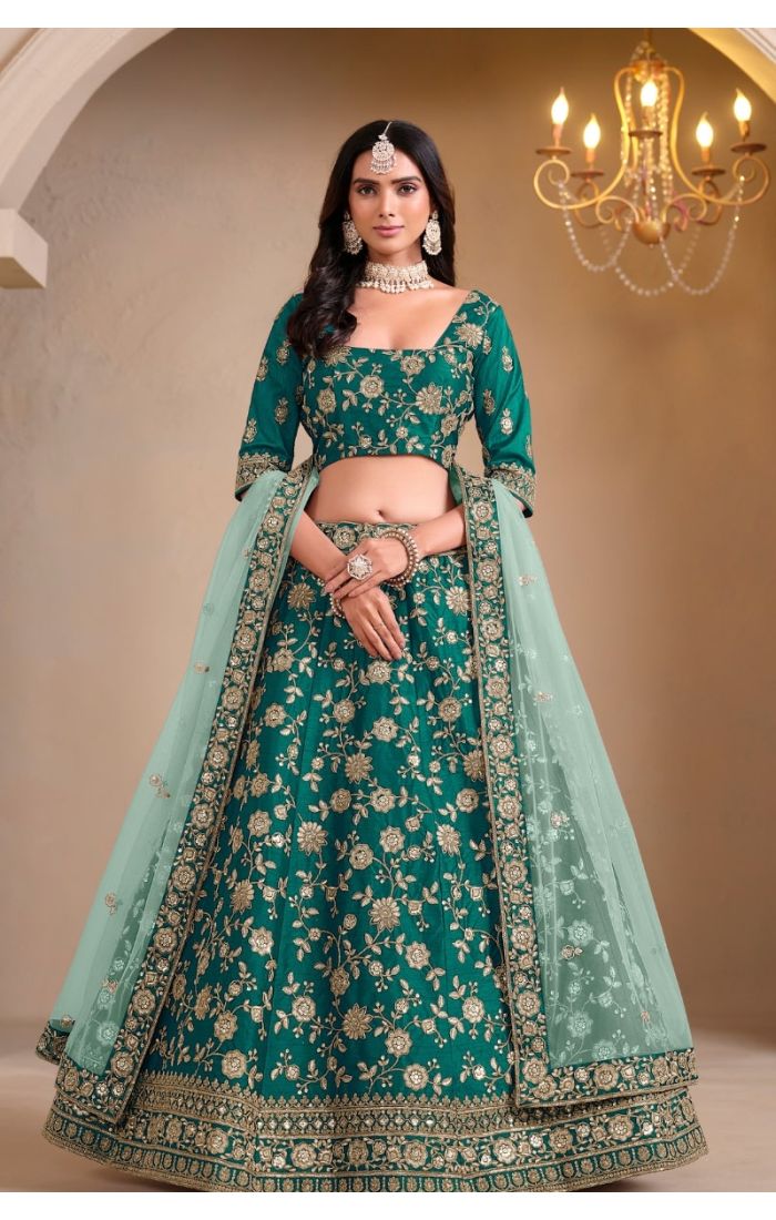 Emerald Grace Lehenga Set with intricate zari embroidery and sequin detailing, green lehenga choli with soft net dupatta, traditional Indian wedding and festive wear for women