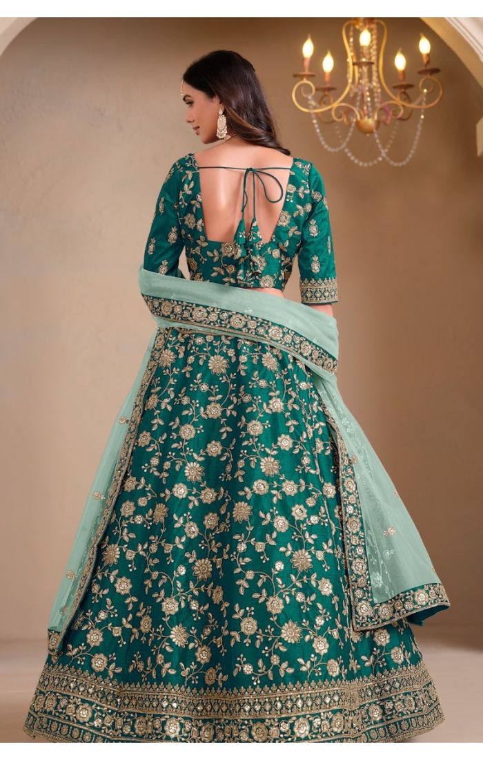Emerald Grace Lehenga Set with intricate zari embroidery and sequin detailing, green lehenga choli with soft net dupatta, traditional Indian wedding and festive wear for women