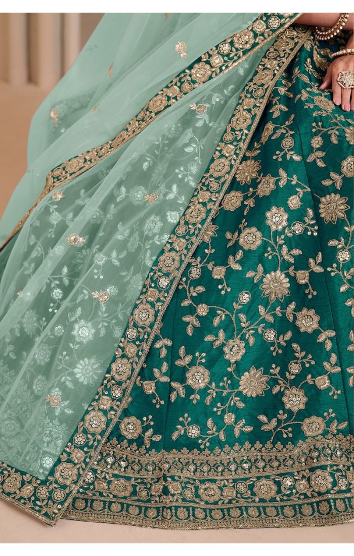 Emerald Grace Lehenga Set with intricate zari embroidery and sequin detailing, green lehenga choli with soft net dupatta, traditional Indian wedding and festive wear for women