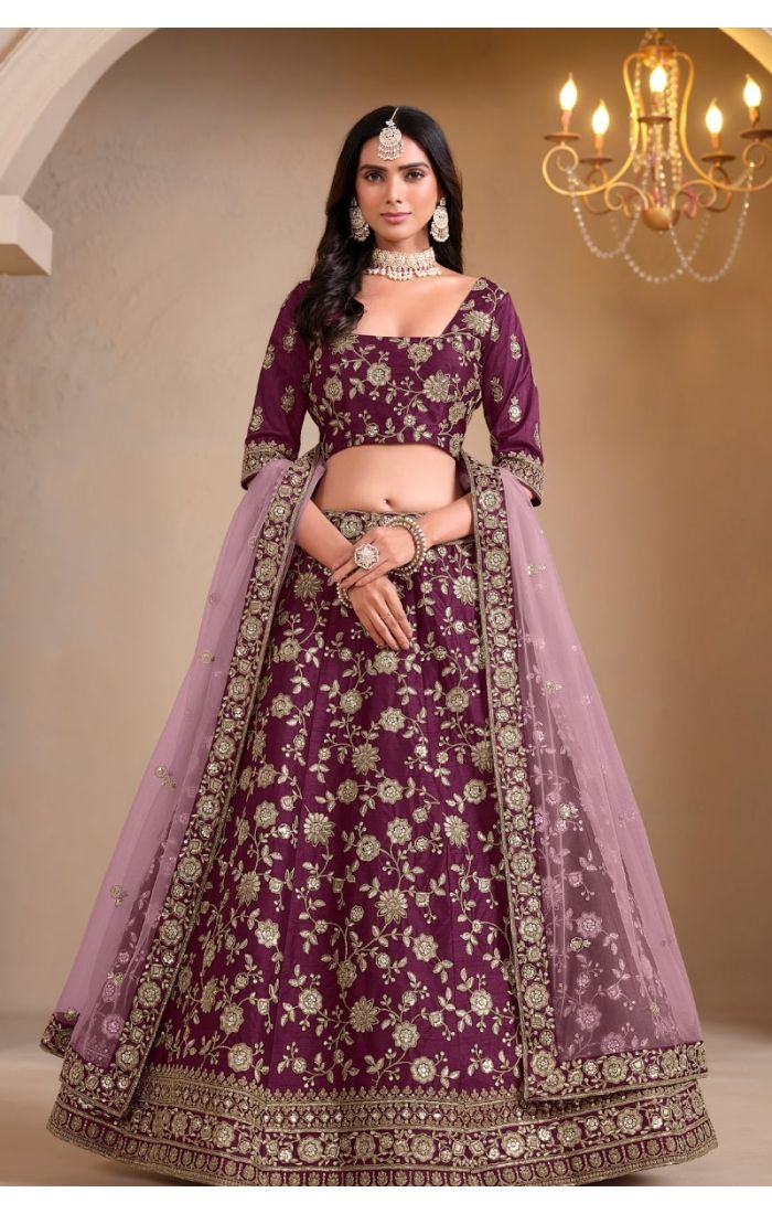 Royal Plum Elegance Lehenga Set with intricate zari embroidery, resham threadwork, and soft net dupatta, traditional Indian bridal and festive wear for women