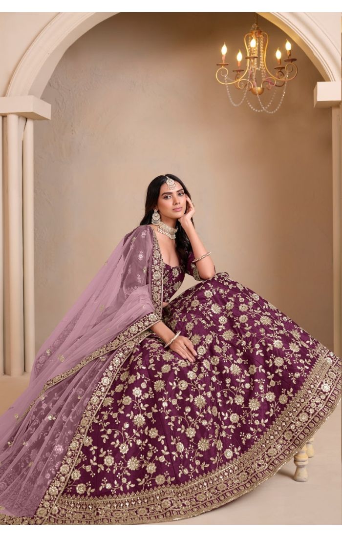 Royal Plum Elegance Lehenga Set with intricate zari embroidery, resham threadwork, and soft net dupatta, traditional Indian bridal and festive wear for women