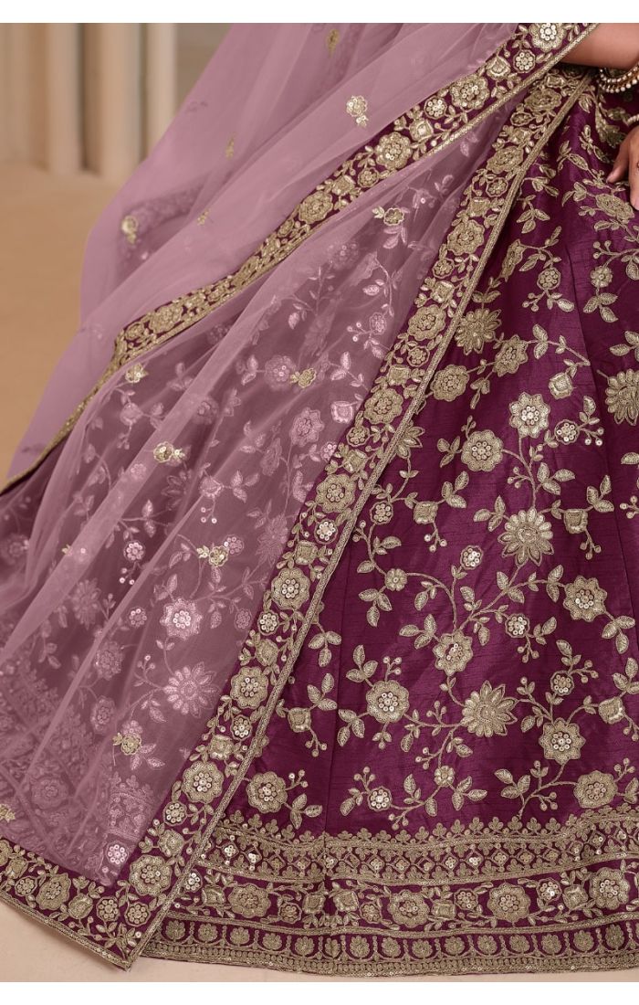 Royal Plum Elegance Lehenga Set with intricate zari embroidery, resham threadwork, and soft net dupatta, traditional Indian bridal and festive wear for women