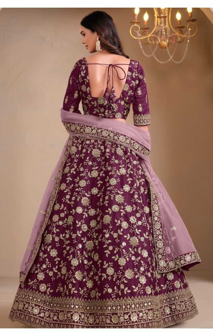 Royal Plum Elegance Lehenga Set with intricate zari embroidery, resham threadwork, and soft net dupatta, traditional Indian bridal and festive wear for women