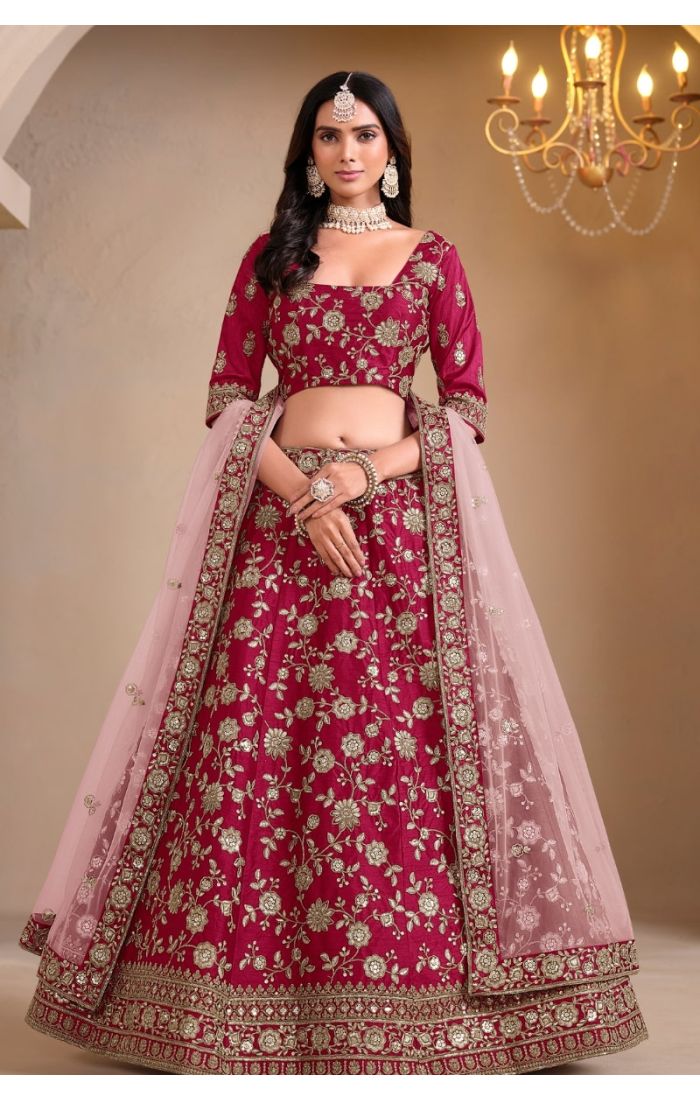 Ruby Royale Embroidered Lehenga Set with zari embroidery, resham threadwork, and soft net dupatta, luxurious Indian bridal and festive wear for women