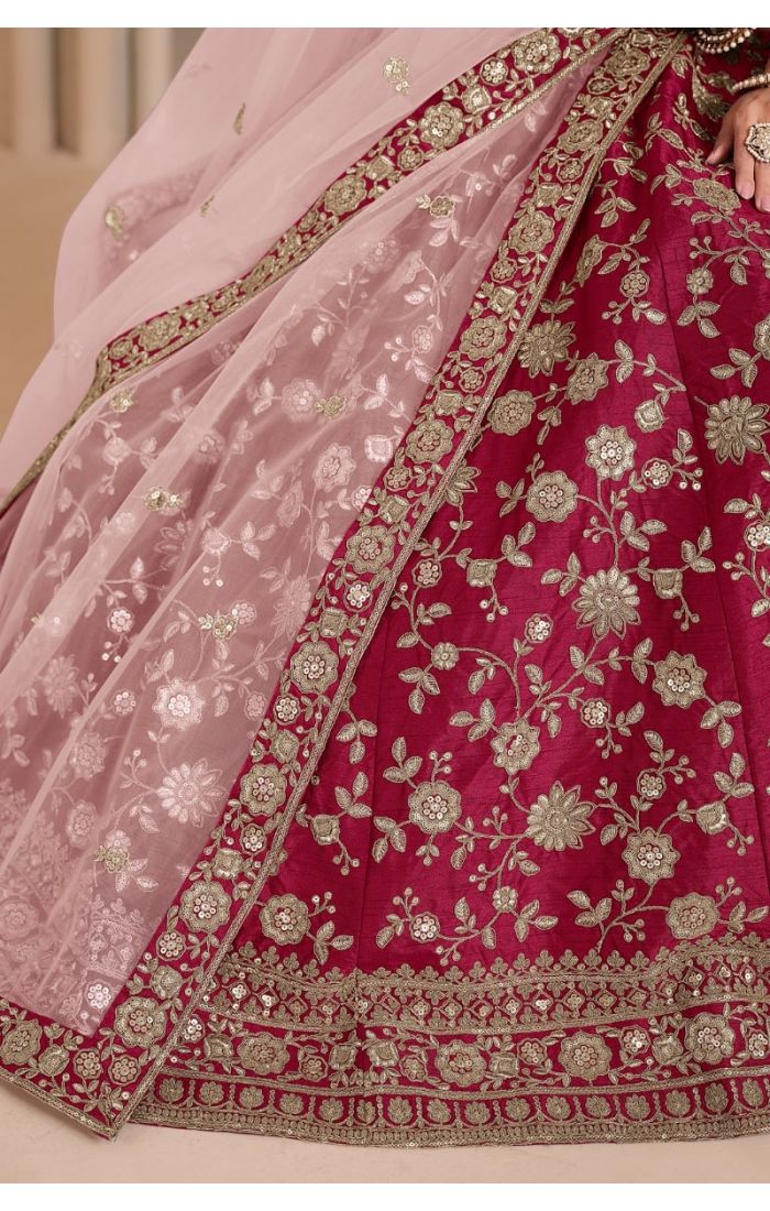 Ruby Royale Embroidered Lehenga Set with zari embroidery, resham threadwork, and soft net dupatta, luxurious Indian bridal and festive wear for women