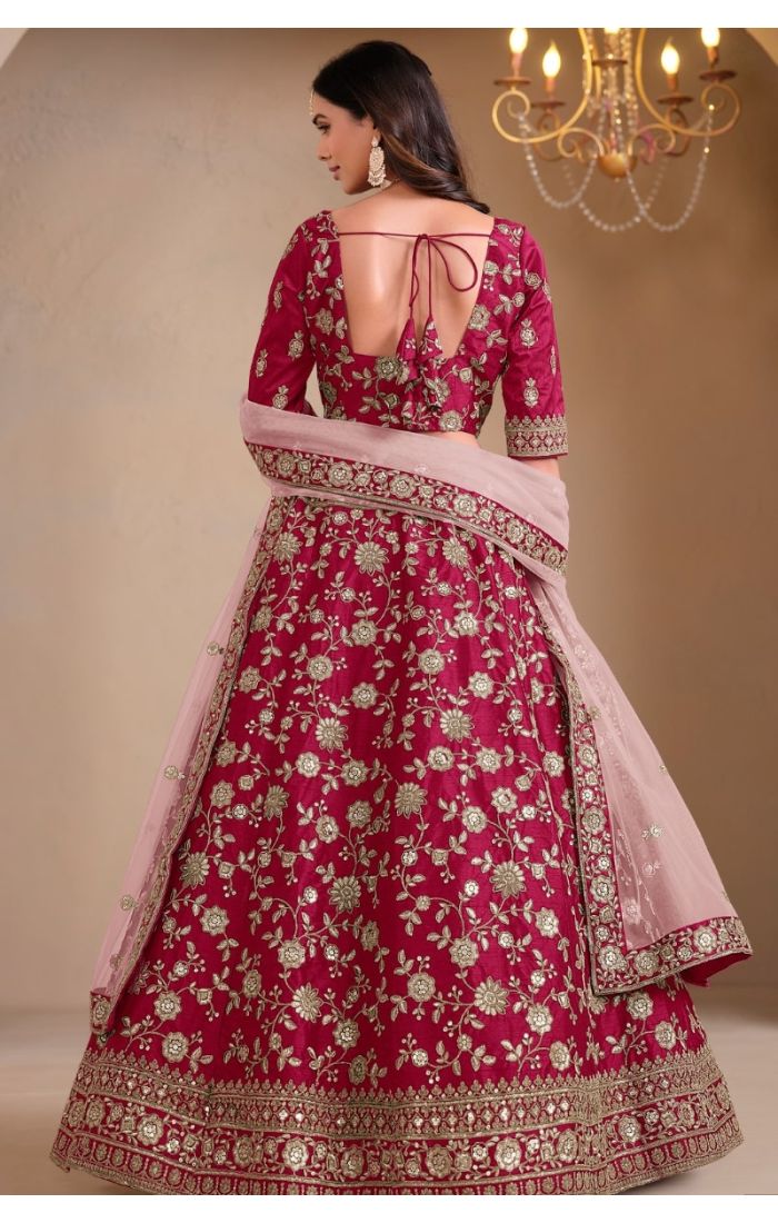 Ruby Royale Embroidered Lehenga Set with zari embroidery, resham threadwork, and soft net dupatta, luxurious Indian bridal and festive wear for women