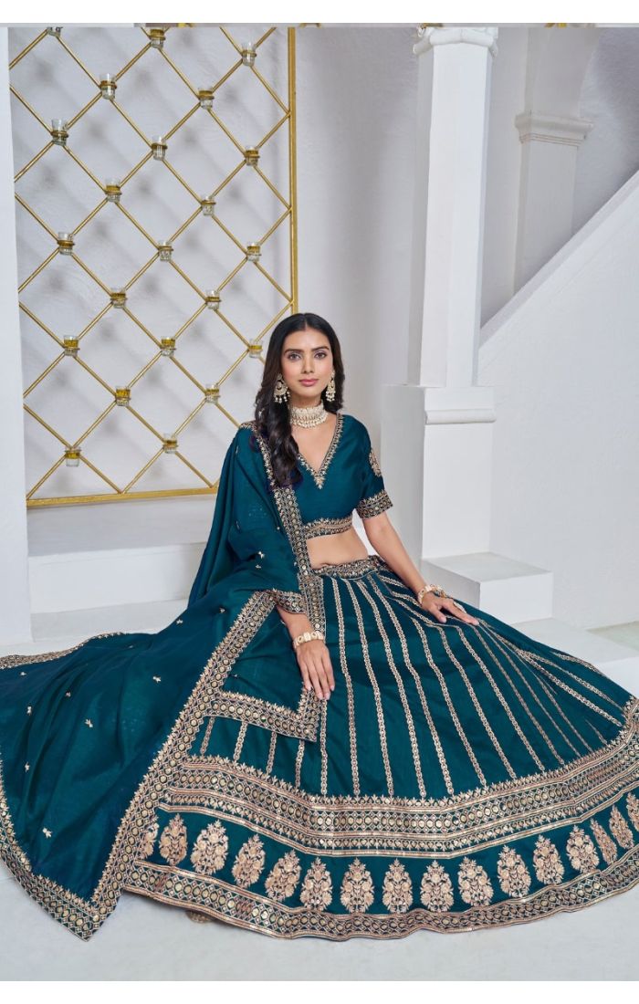 Teal Green Zari Embroidered Lehenga Choli with Net Dupatta - Perfect for Weddings and Festive Events