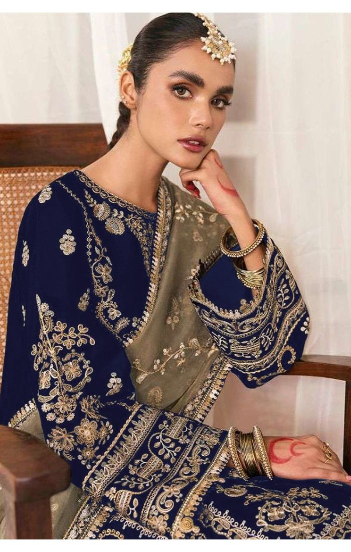 blue velvet salwar suit with zari embroidery and olive net dupatta – festive ethnic wear for women