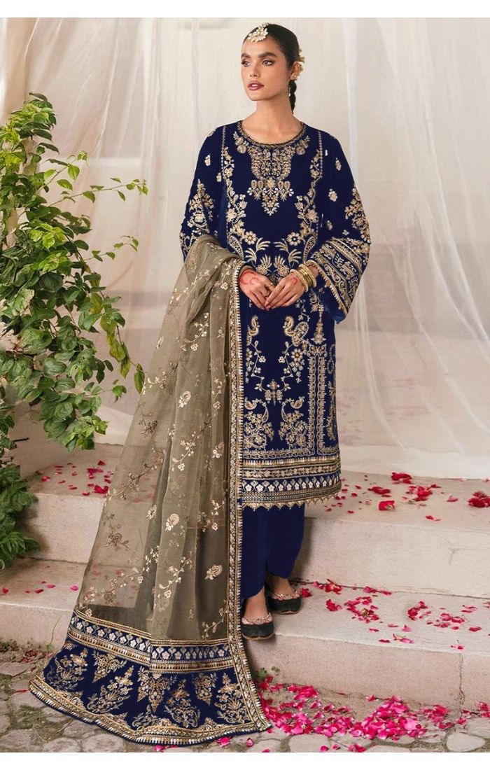 blue velvet salwar suit with zari embroidery and olive net dupatta – festive ethnic wear for women