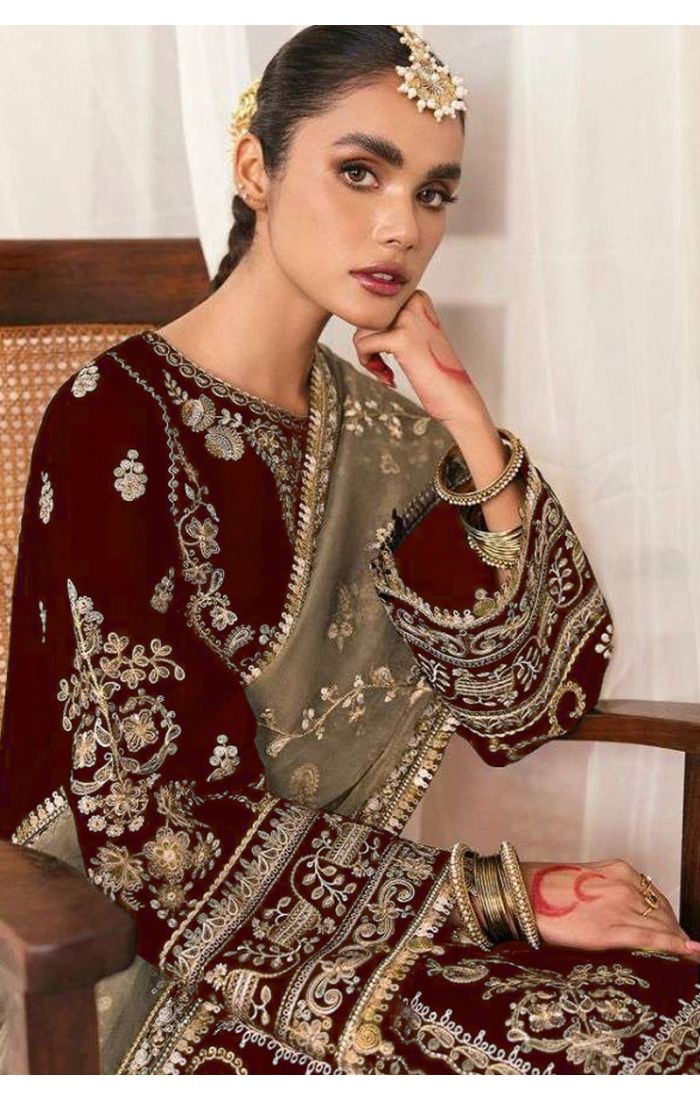  Maroon velvet embroidered salwar suit with net dupatta – festive ethnic wear for women