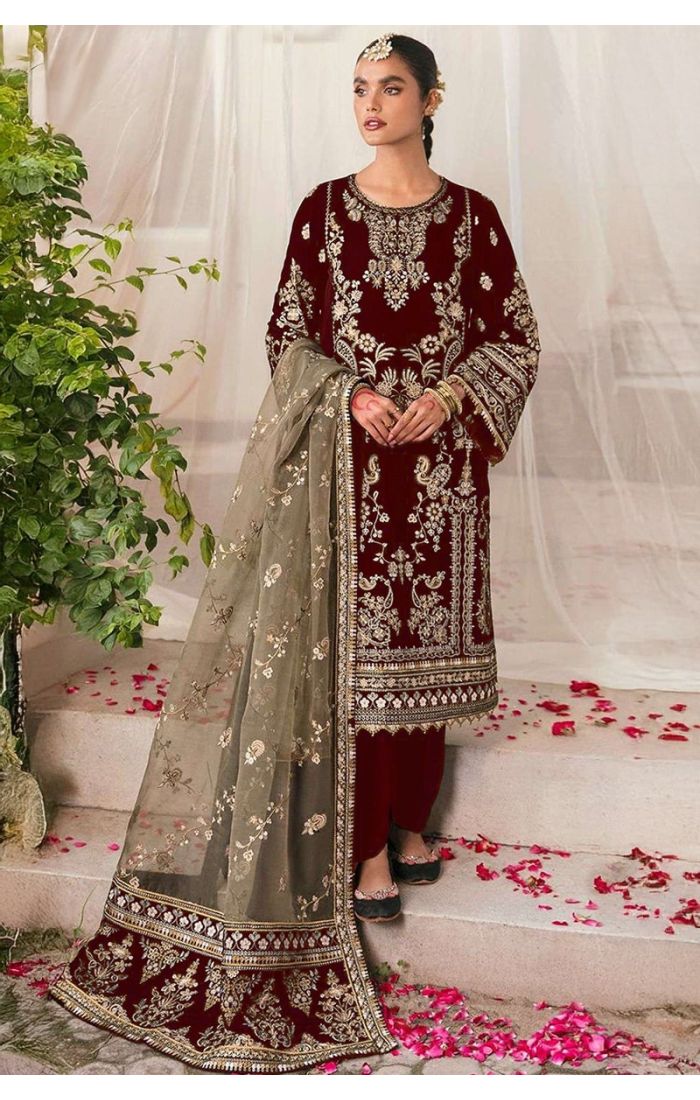  Maroon velvet embroidered salwar suit with net dupatta – festive ethnic wear for women