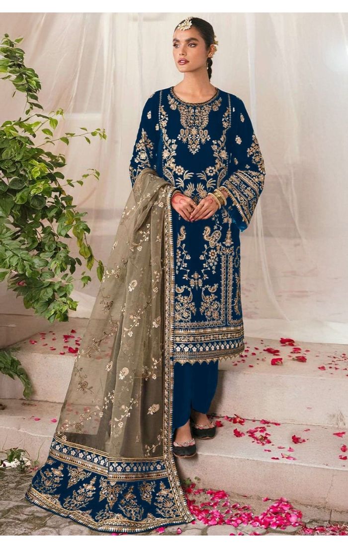 Model wearing navy blue velvet zari embroidered salwar suit with olive net dupatta – festive ethnic wear for weddings and Diwali