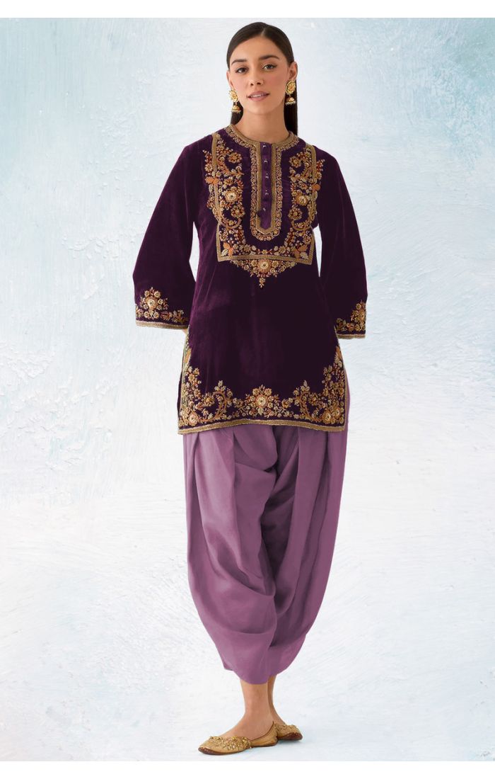 Velvet Plum Purple Embroidered Patiala Suit with Lilac Patiala and 3/4 Sleeves – SALV5792