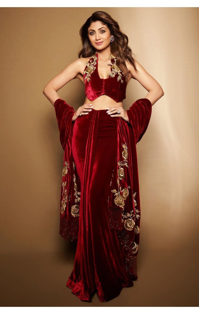 Velvet Wine Red Designer Gown with Golden Embellishments - Perfect for Weddings and Evening Glam (LEHA2240)