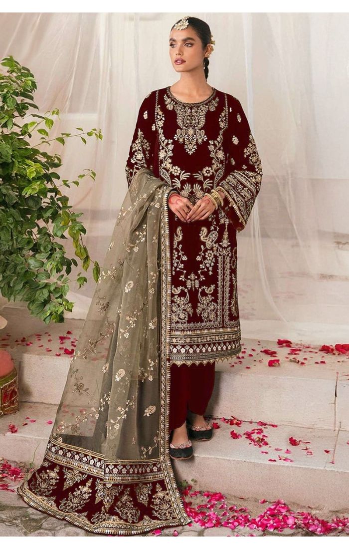 Velvet wine embroidered salwar suit with olive net dupatta for wedding and festive occasions