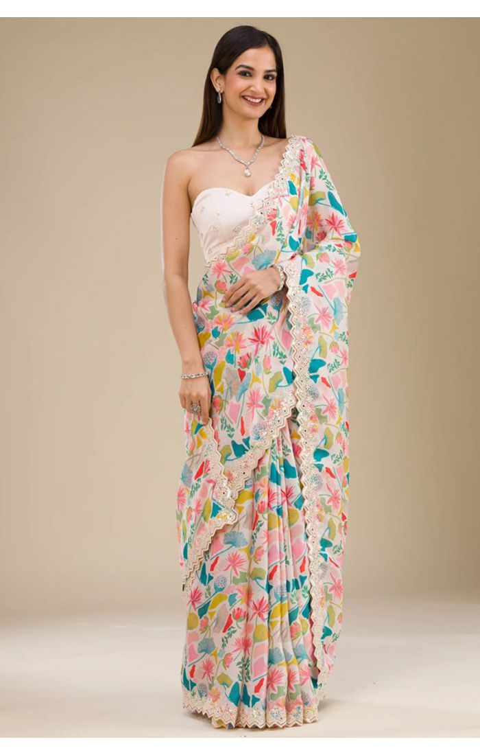 White Floral Print Georgette Saree with Lace Border - Perfect for Weddings and Festive Occasions