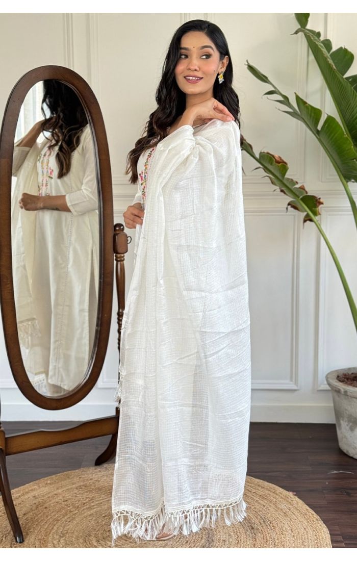 White Viscose Chanderi Embroidered Salwar Suit with Cotton Dupatta for Weddings & Festive Wear