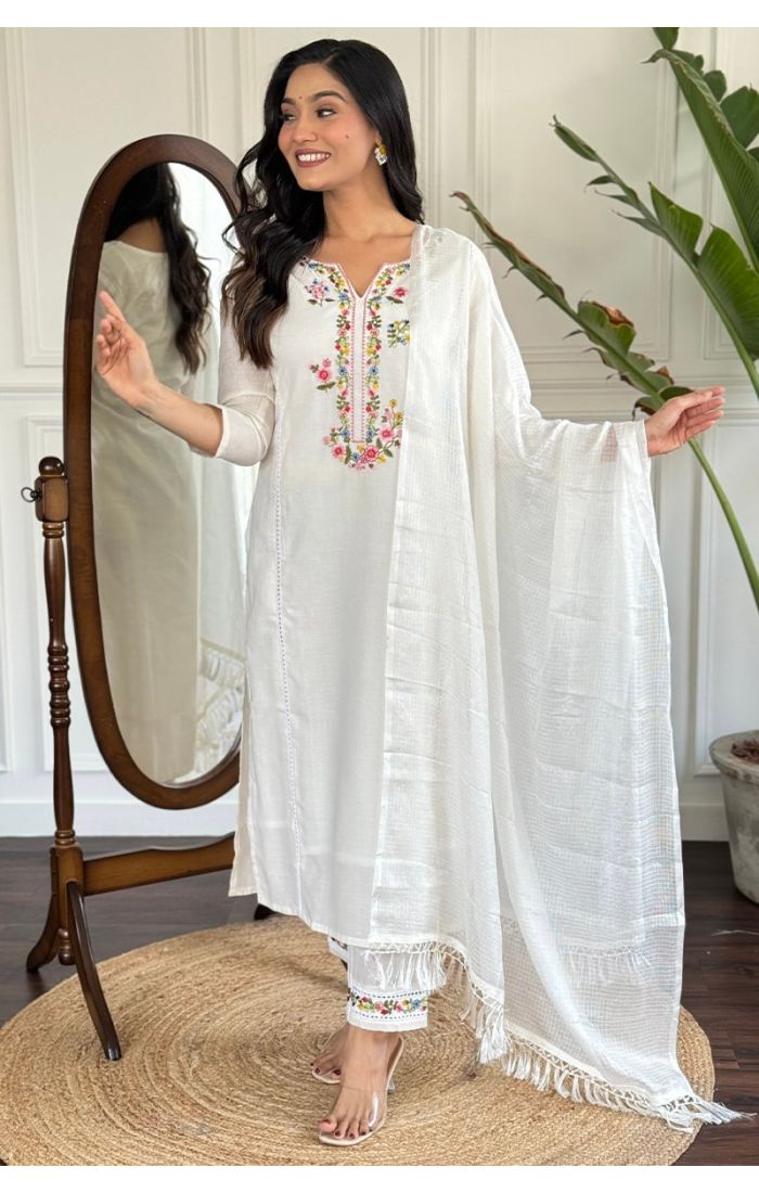 White Viscose Chanderi Embroidered Salwar Suit with Cotton Dupatta for Weddings & Festive Wear