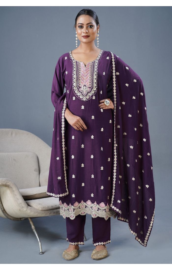 Buy Wine Cotton Embroidered Kurta Set with Floral Dupatta online - Appelle Fashion | SALV5703