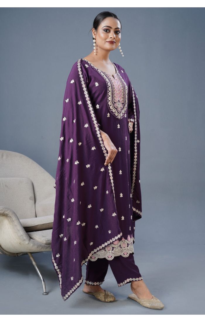 Buy Wine Cotton Embroidered Kurta Set with Floral Dupatta online - Appelle Fashion | SALV5703