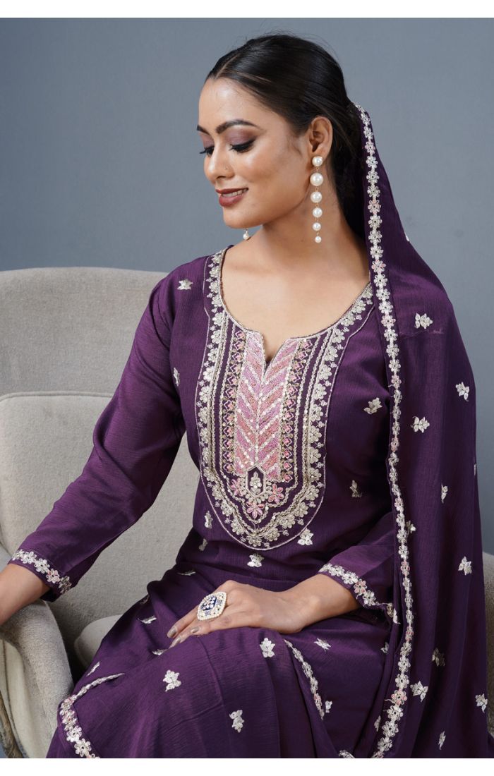 Buy Wine Cotton Embroidered Kurta Set with Floral Dupatta online - Appelle Fashion | SALV5703
